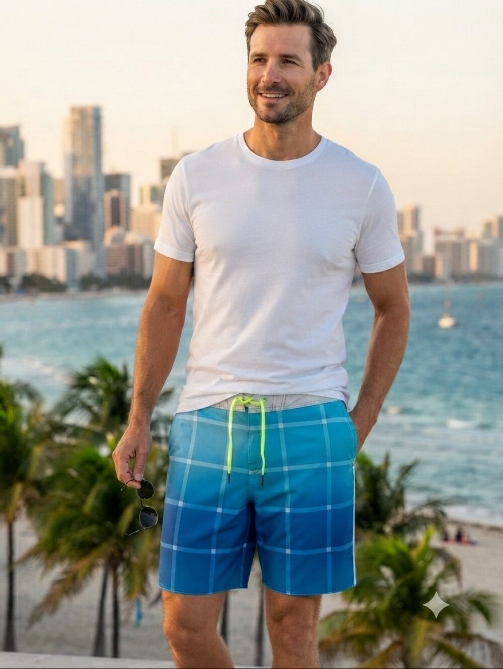 American Eagle Blue Plaid Swim Trunks Men's Size M Lime Green Details Unlined